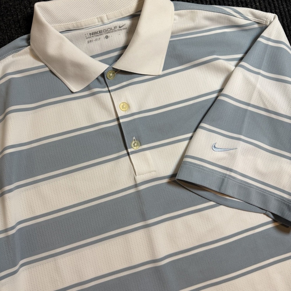 Nike Golf Dri-fit striped polo shirt men Large 416582-100 steel blue White